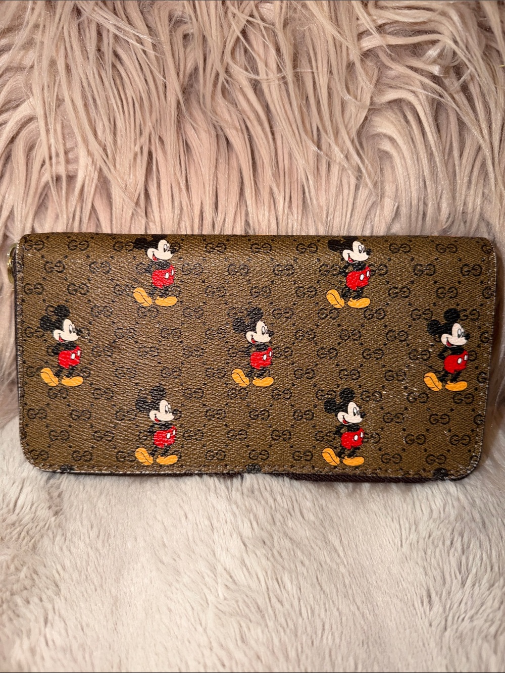 Designer-Style Brown Wallet with Red & Yellow Mickey Motif